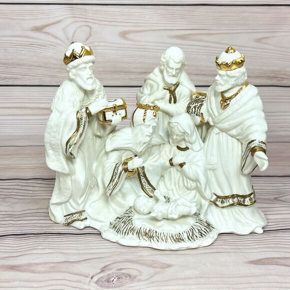 VTG Enesco Porcelain Nativity Scene Light Lamp White/Gold Christmas Holy Family - Picture 4 of 12